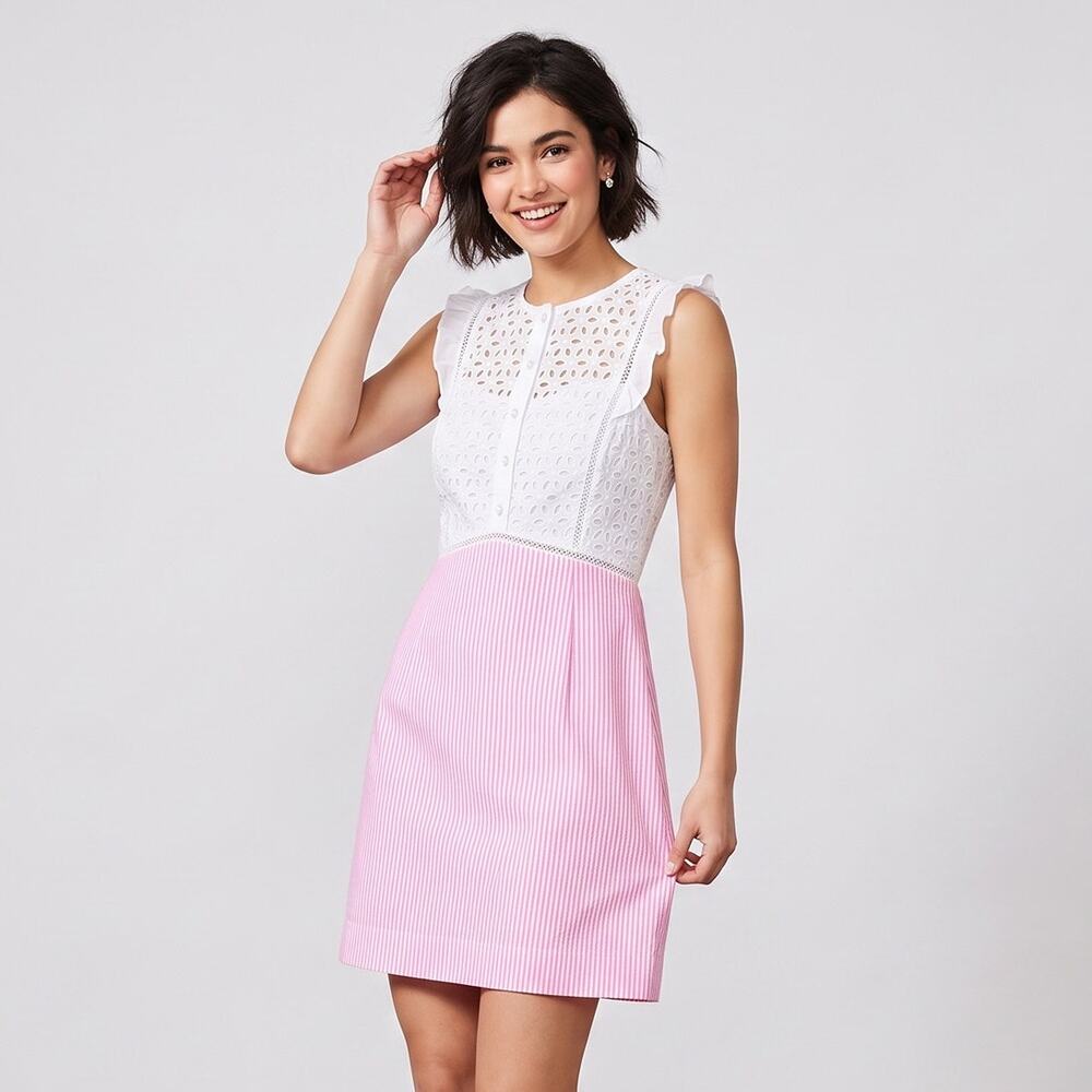 Lilly Pulitzer Maya Shift Dress 00 Pink White Seersucker Stripe Eyelet Lace
